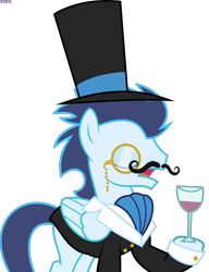 Size: 1300x1697 | Tagged: safe, artist:xebck, edit, character:soarin', species:pegasus, species:pony, classy, clothing, cropped, eyes closed, facial hair, glass, hat, lightly watermarked, male, monocle, moustache, open mouth, simple background, solo, stallion, suit, top hat, transparent background, vector, watermark, wine glass