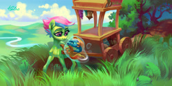 Size: 4199x2111 | Tagged: safe, artist:holivi, oc, oc only, species:earth pony, species:pony, absurd resolution, carriage, commission, duo, female, fish, grass, magic, mare, outdoors