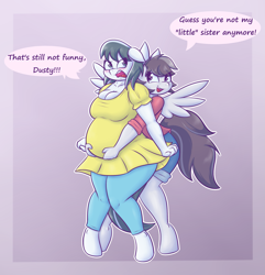 Size: 2365x2451 | Tagged: safe, artist:funble, oc, oc only, oc:silver dust, oc:silver streak, species:anthro, species:pony, species:unguligrade anthro, anthro oc, belly, blushing, clothing, female, hug, mare, pregnant, sisters