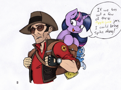 Size: 804x600 | Tagged: safe, artist:joey darkmeat, character:trixie, character:twilight sparkle, species:human, colored, crossover, frown, jar, jarate, open mouth, pee in container, plushie, sketch, smiling, sniper, team fortress 2, urine, wide eyes