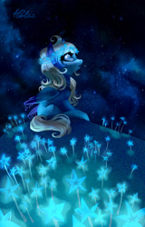 Size: 1516x2362 | Tagged: safe, artist:holivi, oc, oc only, species:pegasus, species:pony, commission, cute, female, floral head wreath, flower, hill, looking up, mare, night, night sky, sky, solo, stargazing, starry night, stars