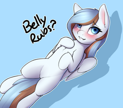 Size: 2400x2100 | Tagged: safe, artist:captainpudgemuffin, oc, oc only, oc:waffles, species:pegasus, species:pony, bellyrub request, bellyrubs, blushing, bronybait, captainpudgemuffin is trying to murder us, cute, female, looking at you, mare, ocbetes, on back, smiling, solo, wings