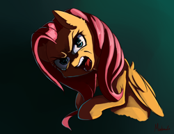 Size: 1400x1080 | Tagged: safe, artist:miokomata, character:fluttershy, species:pegasus, species:pony, angry, female, flutterrage, looking at you, mare, signature, solo, yelling