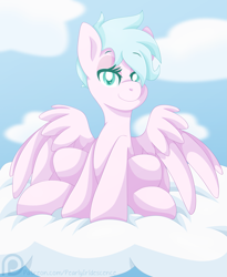 Size: 1569x1917 | Tagged: safe, artist:pearlyiridescence, oc, oc only, species:pegasus, species:pony, cloud, female, lidded eyes, mare, short hair, sitting, smiling, solo, spread wings, wings