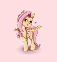 Size: 1000x1080 | Tagged: safe, artist:miokomata, character:fluttershy, species:pegasus, species:pony, blushing, cheek fluff, cute, cute little fangs, ear fluff, fangs, female, heart, looking at you, mare, raised hoof, shyabetes, signature, solo, tongue out