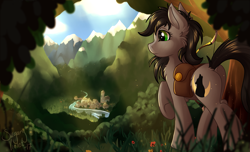 Size: 3543x2160 | Tagged: safe, artist:sugaryviolet, oc, oc only, oc:apex, species:earth pony, species:pony, species:wolf, fanfic:friendship is optimal, bow (weapon), commission, fanfic, fanfic art, grass, hybrid, mountain, mountain range, plot, raised hoof, rear view, saddle bag, scenery, signature, solo, underhoof, village