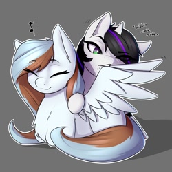 Size: 894x894 | Tagged: source needed, safe, artist:captainpudgemuffin, oc, oc only, oc:snow mist, oc:waffles, species:pegasus, species:pony, species:unicorn, commission, cute, duo, nibbling, ponyloaf, preening, simple background