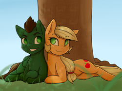 Size: 1280x960 | Tagged: safe, artist:captainpudgemuffin, character:applejack, oc, species:earth pony, species:pegasus, species:pony, canon x oc, commission, female, looking at each other, male, mare, no pupils, stallion, straight, tree