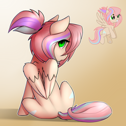 Size: 2400x2400 | Tagged: safe, artist:captainpudgemuffin, oc, oc only, oc:sweet skies, species:pegasus, species:pony, commission, cute, female, gradient background, looking at you, looking back, looking back at you, mare, ocbetes, sitting, solo