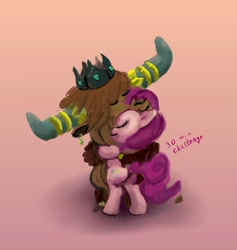 Size: 1000x1053 | Tagged: safe, artist:xbi, character:pinkie pie, character:prince rutherford, species:earth pony, species:pony, species:yak, ship:pinkieford, 30 minute art challenge, female, hug, interspecies, male, shipping, straight
