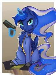 Size: 1800x2400 | Tagged: safe, artist:captainpudgemuffin, character:princess luna, species:alicorn, species:pony, 10mm pistol, adorasexy, chest fluff, clothing, crossover, cute, fallout, fallout 4, female, gun, jumpsuit, lunabetes, magic, mare, sexy, sitting, solo, telekinesis, two best sisters play, vault suit, weapon
