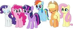 Size: 5781x2308 | Tagged: safe, artist:frownfactory, character:applejack, character:fluttershy, character:pinkie pie, character:rainbow dash, character:rarity, character:twilight sparkle, character:twilight sparkle (alicorn), species:alicorn, species:earth pony, species:pegasus, species:pony, species:unicorn, my little pony: the movie (2017), .svg available, absurd resolution, clothing, cowboy hat, eyes closed, female, folded wings, hat, mane six, mare, simple background, smiling, standing, svg, transparent background, vector, wings