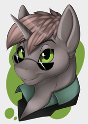 Size: 2500x3500 | Tagged: safe, artist:drawponies, oc, oc only, oc:order compulsive, species:pony, species:unicorn, clothing, commission, looking at you, male, shirt, smiling, solo, stallion, sunglasses