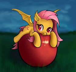 Size: 2857x2714 | Tagged: safe, artist:xbi, character:flutterbat, character:fluttershy, species:bat pony, species:pony, apple, biting, cute, female, food, giant apple, prone, race swap, shyabates, shyabetes, solo, spread wings, wings