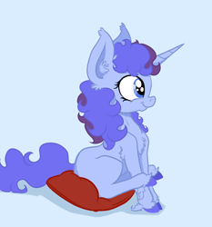 Size: 1252x1345 | Tagged: safe, artist:paskanaakka, derpibooru original, oc, oc only, oc:midnight dew, species:pony, species:unicorn, blue background, chest fluff, colored hooves, ear fluff, female, filly, pillow, simple background, sitting, smiling, solo, unshorn fetlocks, younger