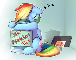 Size: 3000x2400 | Tagged: safe, artist:captainpudgemuffin, character:rainbow dash, species:pony, captainpudgemuffin is trying to murder us, cute, dashabetes, eyes closed, female, food, jar, mare, multicolored hair, pickle, pickle jar, sleeping, solo, tablet, tip jar, zzz