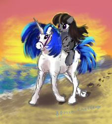 Size: 1563x1719 | Tagged: safe, artist:xbi, character:dj pon-3, character:octavia melody, character:vinyl scratch, species:earth pony, species:pony, species:unicorn, ship:scratchtavia, g4, 30 minute art challenge, beach, female, hoers, horse, horse riding a horse, lesbian, mare, ponies riding horses, ponies riding ponies, riding, shipping