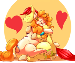 Size: 3000x2500 | Tagged: safe, artist:graphenescloset, artist:sirmasterdufel, character:bright mac, character:pear butter, species:earth pony, species:pony, ship:brightbutter, episode:the perfect pear, g4, my little pony: friendship is magic, chubby, fat, female, hug, male, plump, shipping, straight