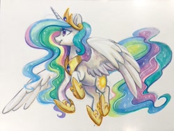 Size: 1243x941 | Tagged: safe, artist:dawnfire, character:princess celestia, species:alicorn, species:pony, beautiful, commission, copic, crown, cutie mark, ethereal mane, female, flowing mane, flowing tail, flying, hoof shoes, jewelry, majestic, mare, marker drawing, multicolored hair, open mouth, peytral, praise the sun, pretty, purple eyes, regalia, royalty, simple background, smiling, solo, sparkles, spread wings, tiara, traditional art, white background, wings