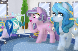 Size: 1024x667 | Tagged: safe, artist:tambelon, oc, oc only, oc:diamond dove, oc:succulent scent, species:crystal pony, species:pony, g4, backstage, clothing, crystal pony oc, dress, dressing room, excited, eyeshadow, female, jewelry, lesbian, makeup, mare, mirror, princess dress, profile, raised hoof, scrunchy face, shipping, three quarter view, watermark
