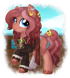 Size: 894x995 | Tagged: safe, artist:tambelon, oc, oc only, oc:coral, species:crystal pony, species:pony, clothing, ear piercing, earring, female, jewelry, looking at you, mare, ocean, piercing, pirate, ship, shirt, simple background, solo, transparent background, watermark