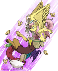 Size: 900x1101 | Tagged: safe, artist:inuhoshi-to-darkpen, character:discord, character:fluttershy, species:draconequus, species:pegasus, species:pony, ship:discoshy, episode:discordant harmony, g4, my little pony: friendship is magic, butterfly net, feathered fetlocks, female, male, mare, shipping, smiling, straight