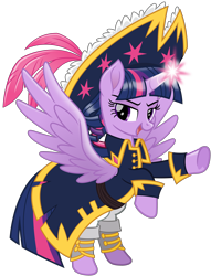 Size: 3100x4050 | Tagged: safe, artist:cheezedoodle96, character:twilight sparkle, character:twilight sparkle (alicorn), species:alicorn, species:pony, my little pony: the movie (2017), .svg available, belt, captain, captain twilight, clothing, feather, female, frog (hoof), giant hat, glowing horn, hat, hoofy-kicks, looking at you, magic, mare, open mouth, pants, pirate costume, pirate hat, pirate twilight, rearing, simple background, smiling, smirk, solo, spats, spread wings, svg, transparent background, underhoof, uniform, vector, windswept mane, wings