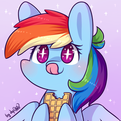 Size: 1024x1024 | Tagged: dead source, safe, artist:dsp2003, character:rainbow dash, species:pegasus, species:pony, big ears, bipedal, blushing, chibi, cute, dashabetes, dawwww, dsp2003 is trying to murder us, eating, female, food, hnnng, hoof hold, licking, licking lips, mare, mlem, pink background, simple background, smiling, solo, sparkles, spread wings, starry eyes, style emulation, sweet dreams fuel, tongue out, wafer, waffle, weapons-grade cute, wingding eyes, wings