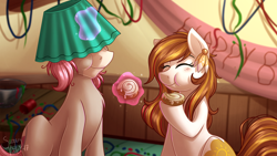 Size: 4000x2250 | Tagged: safe, artist:sugaryviolet, oc, oc only, oc:intrepid charm, oc:raven, species:earth pony, species:pony, species:unicorn, absurd resolution, banner, birthday, birthday party, cinnamon bun, confetti, female, food, lampshade, male, mare, mess, party, stallion