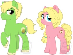 Size: 924x700 | Tagged: safe, alternate version, artist:tambelon, oc, oc only, oc:hard cider, oc:pink lady, parent:applejack, parent:rainbow dash, parents:appledash, species:earth pony, species:pony, brother and sister, duo, female, magical lesbian spawn, male, mare, offspring, siblings, simple background, stallion, transparent background, unshorn fetlocks, watermark