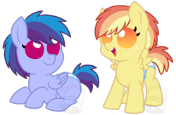Size: 1002x657 | Tagged: safe, alternate version, artist:tambelon, oc, oc only, oc:flying colors, oc:moonbow, parent:applejack, parent:rainbow dash, parents:appledash, species:pegasus, species:pony, brother and sister, colt, diaper, duo, female, filly, freckles, magical lesbian spawn, male, offspring, siblings, simple background, transparent background, watermark