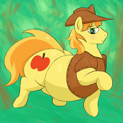 Size: 2500x2500 | Tagged: safe, artist:lupin quill, character:braeburn, species:pony, bedroom eyes, belly, bhm, big belly, blushing, chubby, fat, forest, male, obese, solo