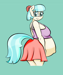 Size: 1765x2089 | Tagged: safe, artist:funble, colorist:lurkerden, edit, character:coco pommel, species:anthro, belly, big belly, clothing, coco preggo, color edit, colored, female, hyper, hyper pregnancy, looking at you, pregnant, skirt, solo