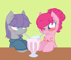 Size: 914x774 | Tagged: safe, artist:jaysey, artist:joey darkmeat, base used, character:maud pie, character:pinkie pie, species:earth pony, species:pony, alternate hairstyle, blushing, clothing, female, jewelry, mare, milkshake, necklace, sharing a drink, silly