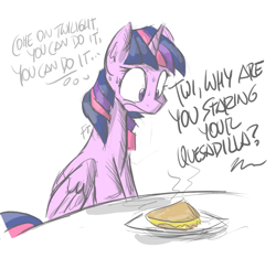 Size: 1734x1620 | Tagged: safe, artist:flutterthrash, character:twilight sparkle, character:twilight sparkle (alicorn), species:alicorn, species:pony, newbie artist training grounds, atg 2017, dialogue, english, facing your fears, food, grammar error, inner thoughts, offscreen character, quesadilla, simple background, sitting, solo focus, stare, sweat, they're just so cheesy, thinking, white background