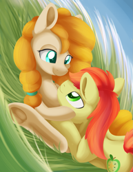 Size: 977x1266 | Tagged: safe, artist:dusthiel, character:bright mac, character:pear butter, species:pony, ship:brightbutter, episode:the perfect pear, g4, my little pony: friendship is magic, cuddling, female, grass, male, shipping, straight, underhoof