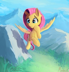 Size: 1400x1460 | Tagged: safe, artist:miokomata, character:fluttershy, species:pegasus, species:pony, fangs, female, grass, mare, mountain, searching, sky, solo, spread wings, wings