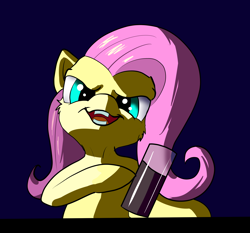 Size: 2948x2750 | Tagged: safe, artist:xbi, character:fluttershy, species:pegasus, species:pony, episode:discordant harmony, g4, my little pony: friendship is magic, blue background, cheek fluff, chocolate, chocolate milk, everything is ruined, evil grin, exploitable meme, female, grin, looking at you, meme, milk, pure unfiltered evil, simple background, smiling, solo, spilled milk, this will end in spilled milk