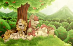 Size: 1024x640 | Tagged: safe, artist:inuhoshi-to-darkpen, character:applejack, character:big mcintosh, character:bright mac, character:pear butter, species:earth pony, species:pony, ship:brightbutter, episode:the perfect pear, g4, my little pony: friendship is magic, apple, apple tree, baby, baby pony, canon couple, chest fluff, colt, colt big macintosh, dappled sunlight, family, female, filly, filly applejack, food, male, mare, pregnant, prone, scenery, shipping, stallion, straight, sweet apple acres, tree, younger