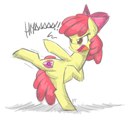 Size: 2040x1960 | Tagged: safe, artist:flutterthrash, character:apple bloom, species:pony, newbie artist training grounds, cute, dialogue, female, high kick, kick, martial arts, simple background, solo, white background