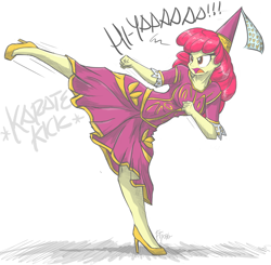 Size: 1200x1175 | Tagged: safe, artist:flutterthrash, character:apple bloom, my little pony:equestria girls, clothing, costume, dialogue, dress, female, hat, hennin, high heels, high kick, kick, legs, martial arts, shoes, solo