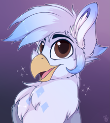 Size: 885x990 | Tagged: safe, artist:meggchan, oc, oc only, oc:ganix, species:griffon, bust, chest fluff, cute, fluffy, looking at you, male, simple background, solo, sparkles