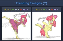 Size: 652x430 | Tagged: safe, artist:flutterthrash, character:apple bloom, species:earth pony, species:pony, derpibooru, newbie artist training grounds, my little pony:equestria girls, bow, clothing, costume, cute, dialogue, dress, female, filly, foal, hat, hennin, high heels, human ponidox, juxtaposition, juxtaposition win, karate, kick, legs, martial arts, meme, meta, ponidox, self ponidox, serious, serious face, shoes, simple background, trending, trending images, white background