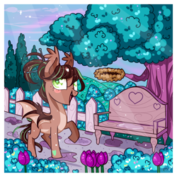 Size: 800x800 | Tagged: safe, artist:ipun, oc, oc only, oc:cocoa dot, species:bat pony, species:pony, bench, female, heart eyes, mare, nest, raised hoof, solo, spring, tree, walking, wingding eyes