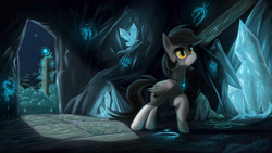 Size: 1920x1080 | Tagged: safe, artist:phenya, oc, oc only, oc:top hat, species:pony, cave, crystal, mysterious, night, shadow, solo