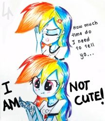 Size: 2017x2333 | Tagged: safe, artist:liaaqila, character:rainbow dash, my little pony:equestria girls, blatant lies, blushing, cute, dashabetes, facepalm, female, frustrated, grammar error, i'm not cute, simple background, solo, traditional art, tsunderainbow, tsundere, white background