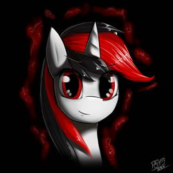 Size: 1080x1080 | Tagged: dead source, safe, artist:phenya, oc, oc only, oc:blackjack, species:pony, species:unicorn, fallout equestria, fallout equestria: project horizons, black background, bust, crossover, fall out boy, fallout, fanfic art, female, looking at you, mare, portrait, red, red and black oc, red eyes, simple background, solo