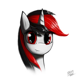 Size: 1080x1080 | Tagged: safe, artist:phenya, oc, oc only, oc:blackjack, species:pony, species:unicorn, fallout equestria, bust, fall out boy, female, mare, portrait, red, red and black oc, red eyes, simple background, solo, white background