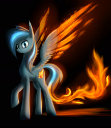 Size: 1920x2200 | Tagged: safe, artist:phenya, oc, oc only, oc:firefly, species:pegasus, species:phoenix, species:pony, dark background, feather, fire, glow, light, male, stallion, tail, wings