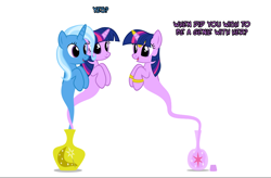 Size: 1048x688 | Tagged: safe, artist:navitaserussirus, character:trixie, character:twilight sparkle, species:pony, ship:twixie, cropped, female, genie, lesbian, shipping